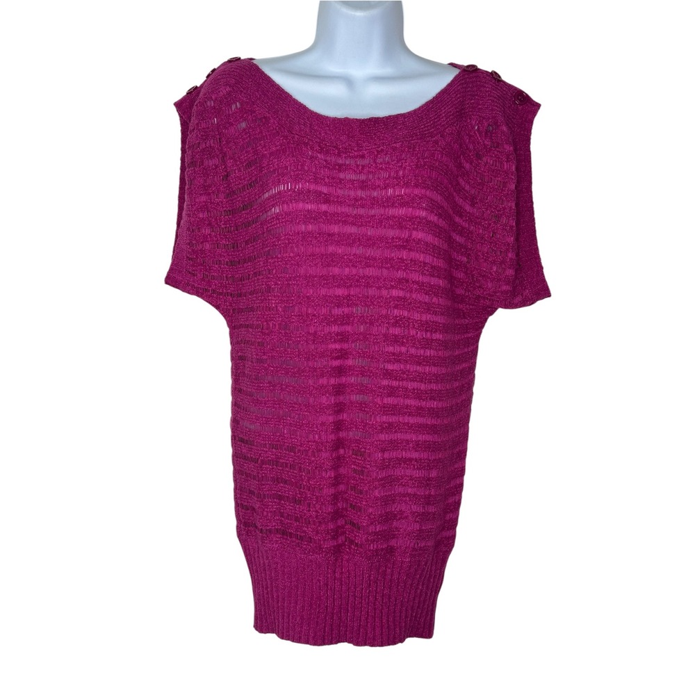 2b Bebe Tunic Top Medium Pink Open Knit Button Scoop Ribbed Hem Striped Y2K